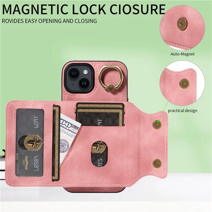 001 For iPhone 14 Case Card Holder Leather+TPU Ring Kickstand Shockproof Cover