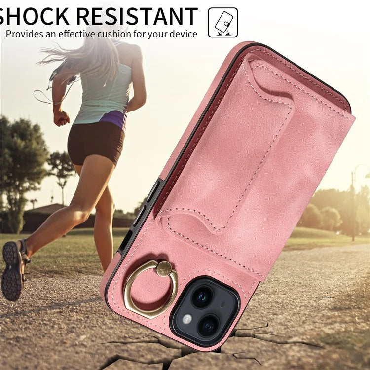 001 For iPhone 14 Case Card Holder Leather+TPU Ring Kickstand Shockproof Cover