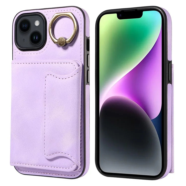 001 For iPhone 14 Case Card Holder Leather+TPU Ring Kickstand Shockproof Cover