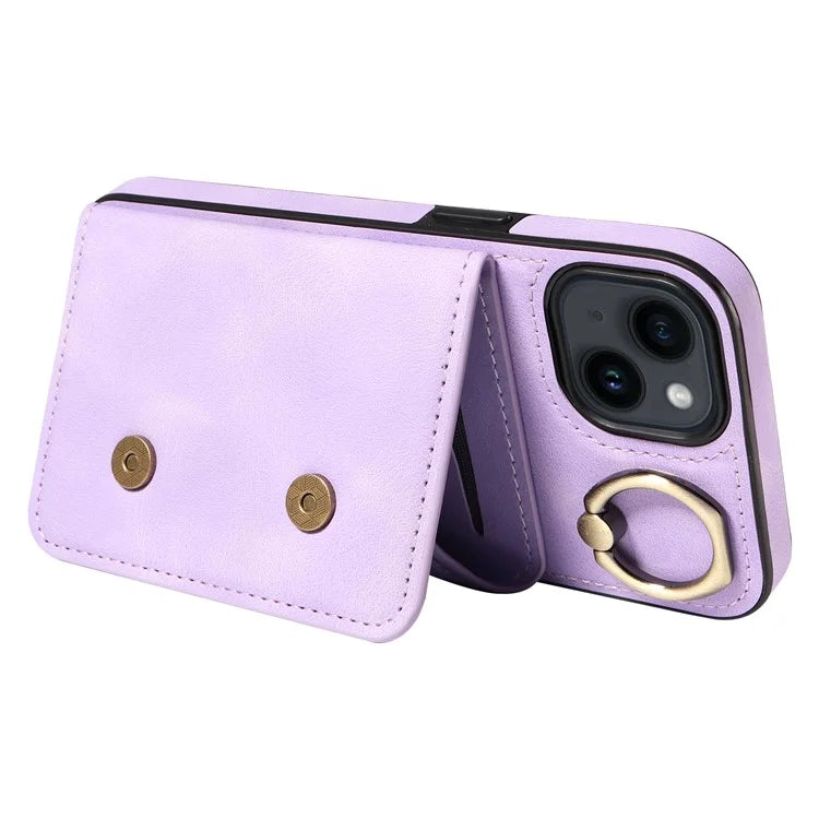 001 For iPhone 14 Case Card Holder Leather+TPU Ring Kickstand Shockproof Cover