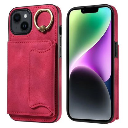 001 For iPhone 14 Case Card Holder Leather+TPU Ring Kickstand Shockproof Cover