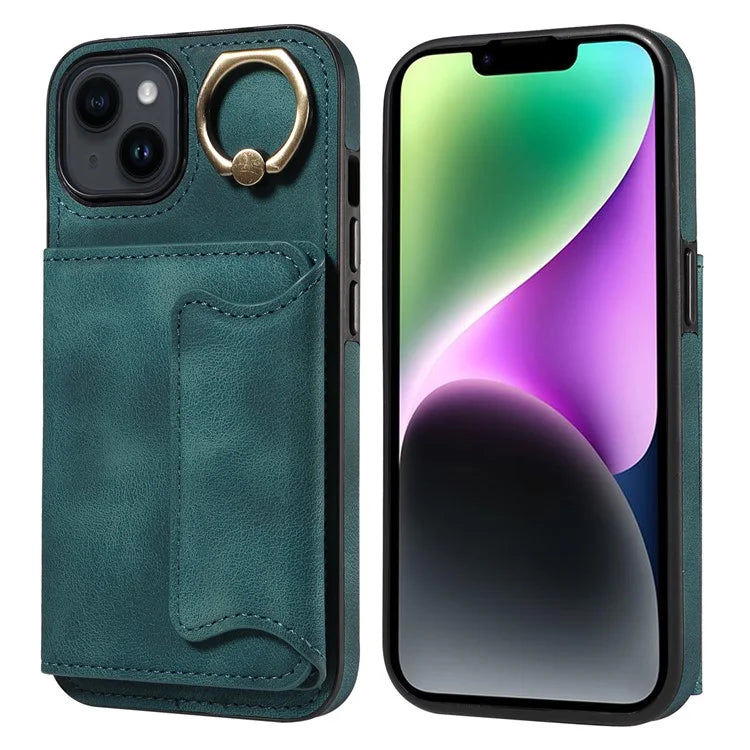 001 For iPhone 14 Case Card Holder Leather+TPU Ring Kickstand Shockproof Cover