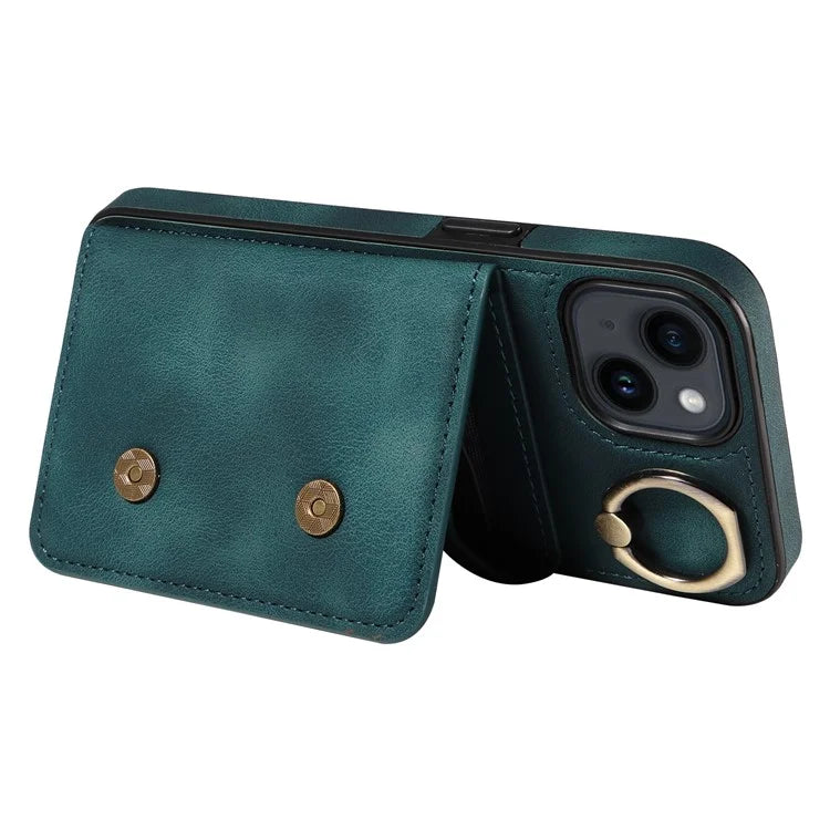 001 For iPhone 14 Case Card Holder Leather+TPU Ring Kickstand Shockproof Cover