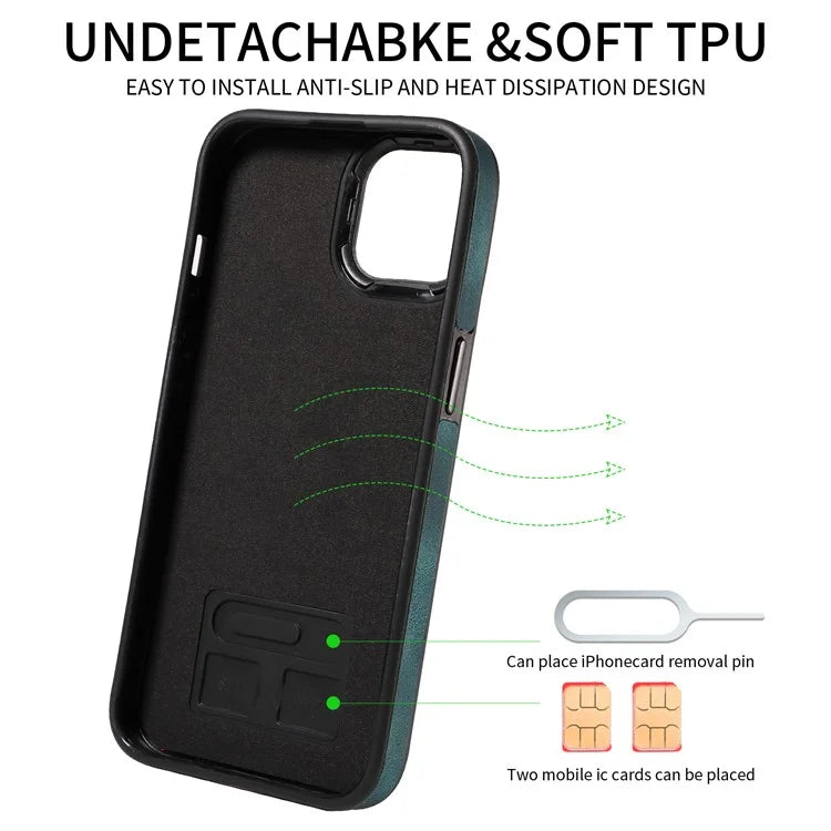 001 For iPhone 14 Case Card Holder Leather+TPU Ring Kickstand Shockproof Cover