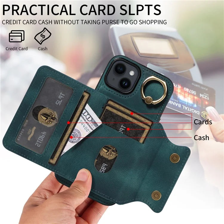 001 For iPhone 14 Case Card Holder Leather+TPU Ring Kickstand Shockproof Cover