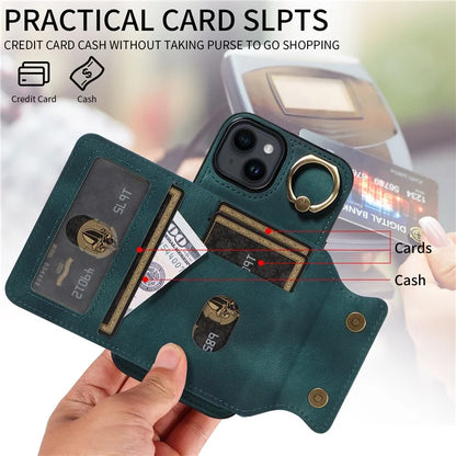 001 For iPhone 14 Case Card Holder Leather+TPU Ring Kickstand Shockproof Cover