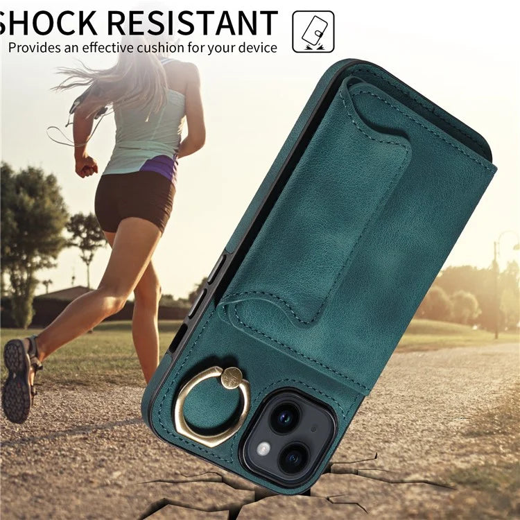 001 For iPhone 14 Case Card Holder Leather+TPU Ring Kickstand Shockproof Cover