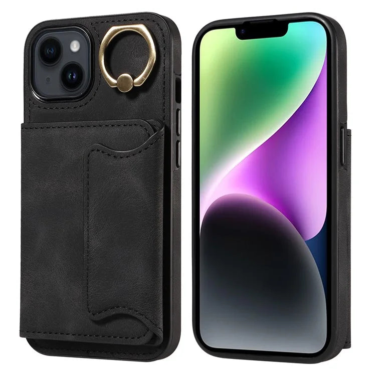 001 For iPhone 14 Case Card Holder Leather+TPU Ring Kickstand Shockproof Cover
