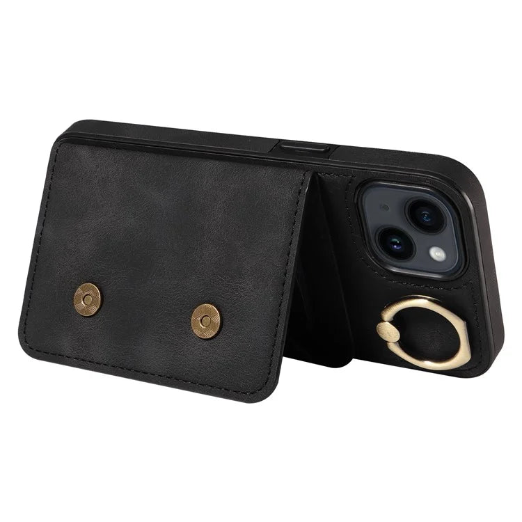001 For iPhone 14 Case Card Holder Leather+TPU Ring Kickstand Shockproof Cover