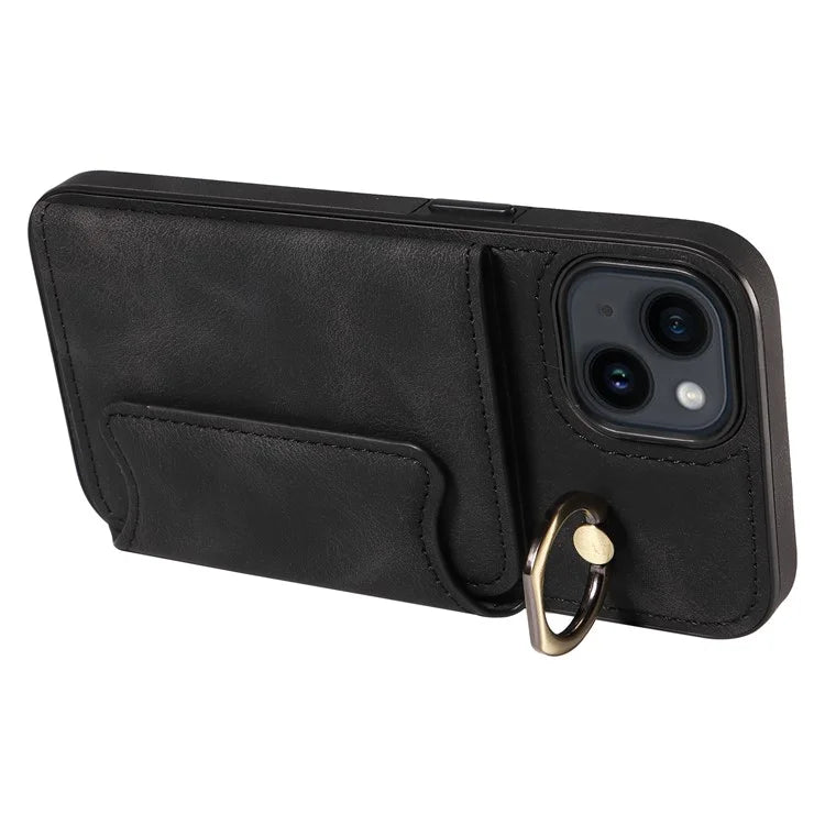 001 For iPhone 14 Case Card Holder Leather+TPU Ring Kickstand Shockproof Cover