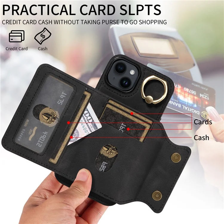 001 For iPhone 14 Case Card Holder Leather+TPU Ring Kickstand Shockproof Cover