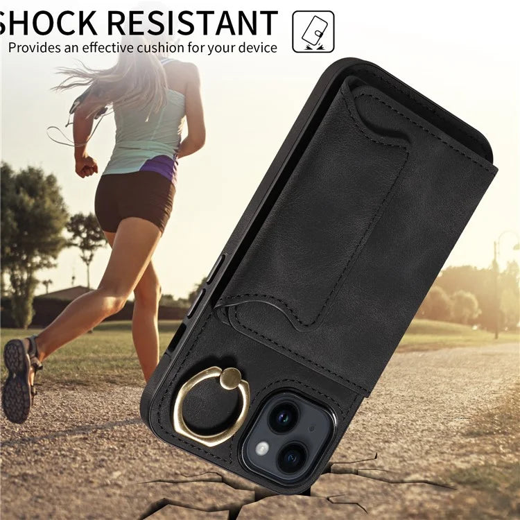 001 For iPhone 14 Case Card Holder Leather+TPU Ring Kickstand Shockproof Cover