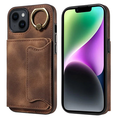 001 For iPhone 14 Case Card Holder Leather+TPU Ring Kickstand Shockproof Cover