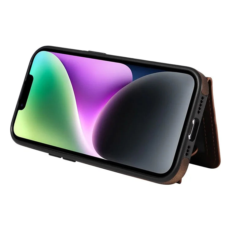 001 For iPhone 14 Case Card Holder Leather+TPU Ring Kickstand Shockproof Cover