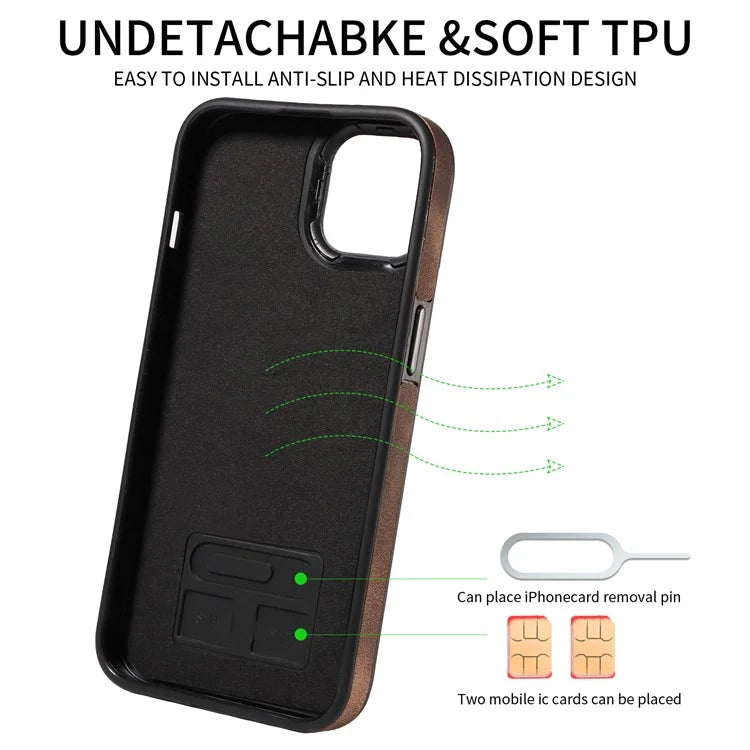 001 For iPhone 14 Case Card Holder Leather+TPU Ring Kickstand Shockproof Cover