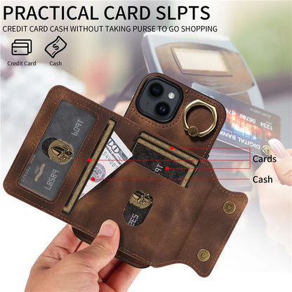 001 For iPhone 14 Case Card Holder Leather+TPU Ring Kickstand Shockproof Cover