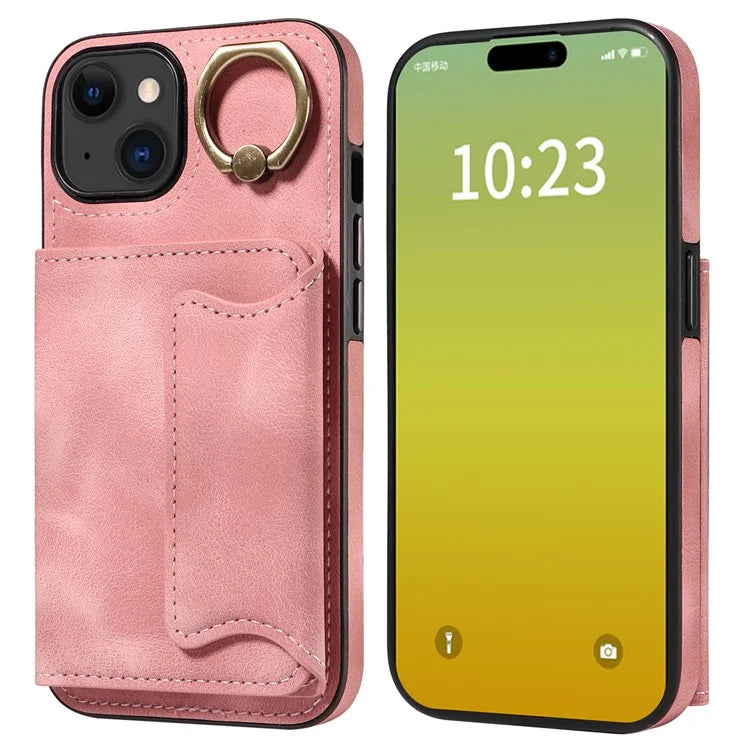 001 For iPhone 15 Case with Card Holder Ring PU Leather Coated TPU Phone Cover Skin-Touch