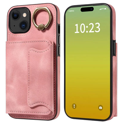 001 For iPhone 15 Case with Card Holder Ring PU Leather Coated TPU Phone Cover Skin-Touch