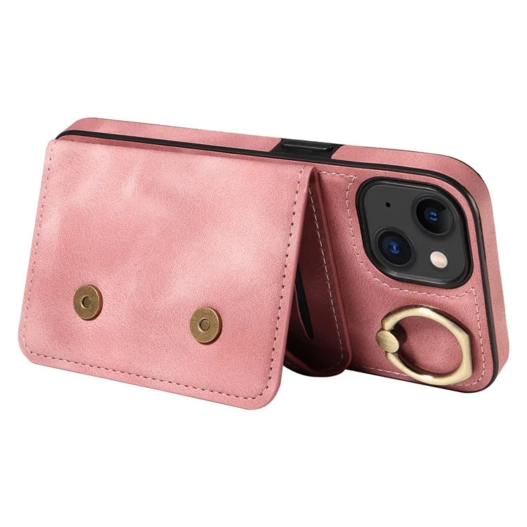 001 For iPhone 15 Case with Card Holder Ring PU Leather Coated TPU Phone Cover Skin-Touch