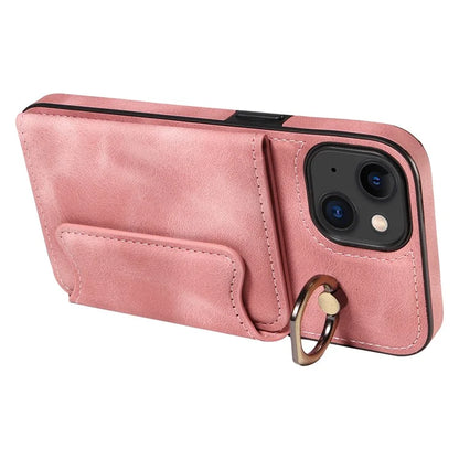 001 For iPhone 15 Case with Card Holder Ring PU Leather Coated TPU Phone Cover Skin-Touch