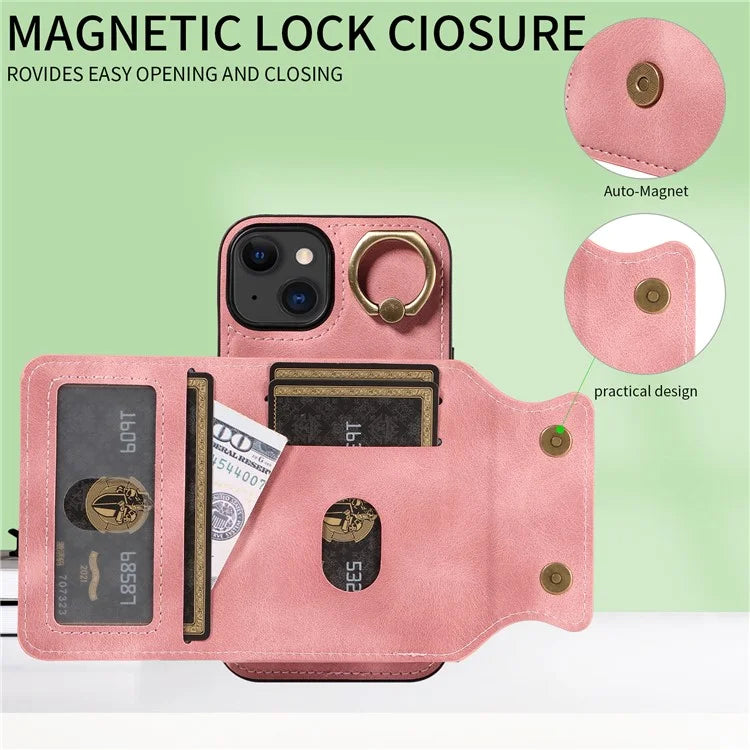 001 For iPhone 15 Case with Card Holder Ring PU Leather Coated TPU Phone Cover Skin-Touch