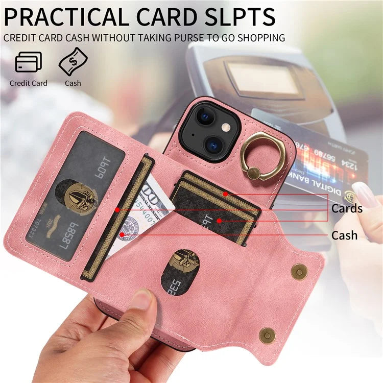 001 For iPhone 15 Case with Card Holder Ring PU Leather Coated TPU Phone Cover Skin-Touch