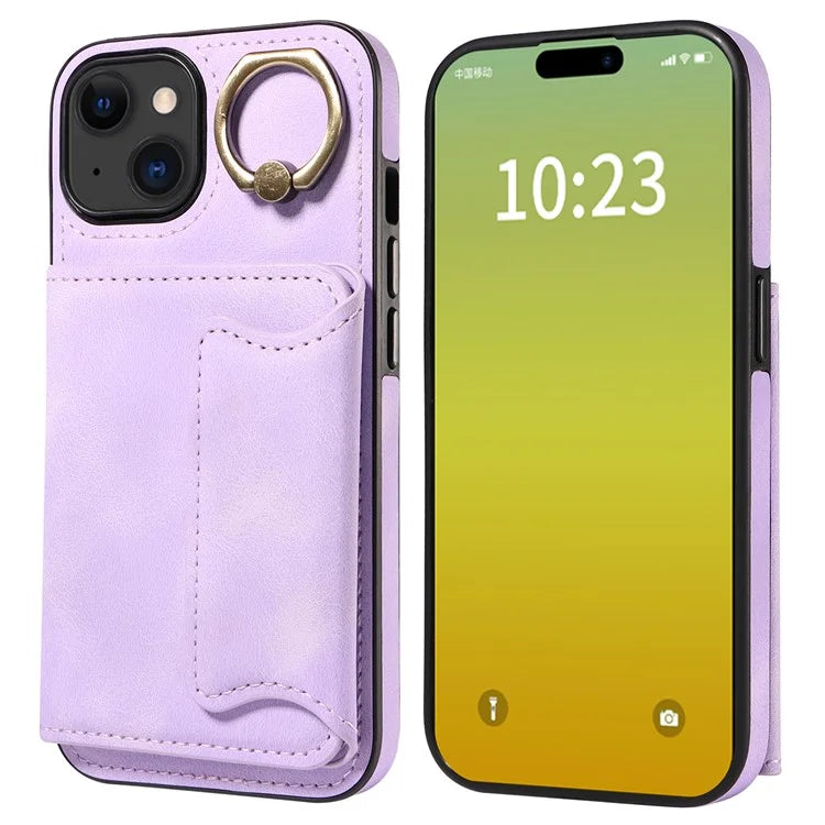 001 For iPhone 15 Case with Card Holder Ring PU Leather Coated TPU Phone Cover Skin-Touch
