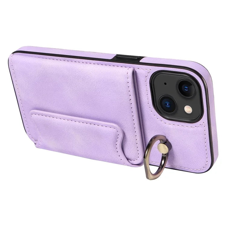001 For iPhone 15 Case with Card Holder Ring PU Leather Coated TPU Phone Cover Skin-Touch
