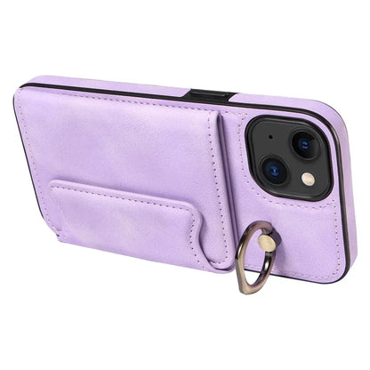001 For iPhone 15 Case with Card Holder Ring PU Leather Coated TPU Phone Cover Skin-Touch