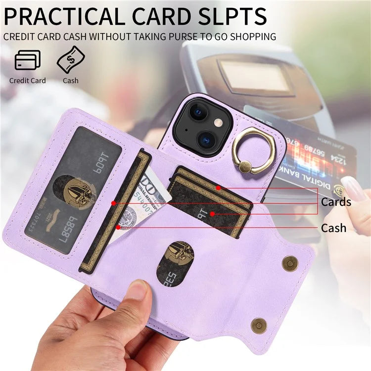 001 For iPhone 15 Case with Card Holder Ring PU Leather Coated TPU Phone Cover Skin-Touch