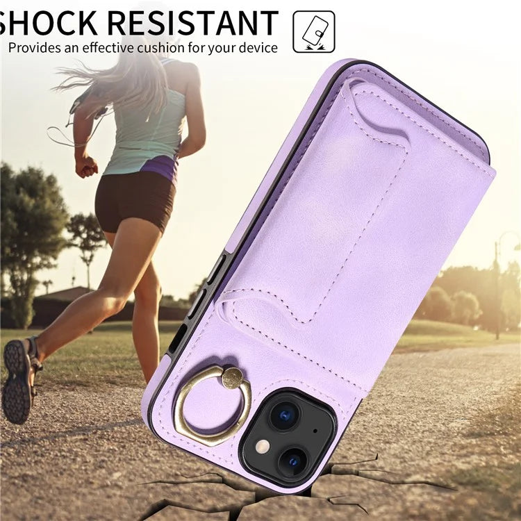 001 For iPhone 15 Case with Card Holder Ring PU Leather Coated TPU Phone Cover Skin-Touch