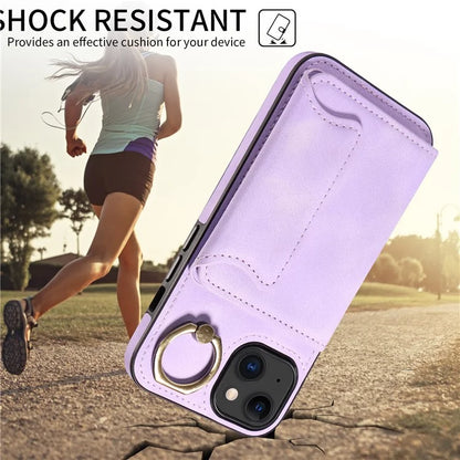 001 For iPhone 15 Case with Card Holder Ring PU Leather Coated TPU Phone Cover Skin-Touch