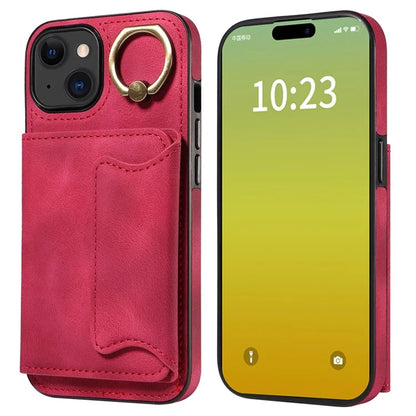 001 For iPhone 15 Case with Card Holder Ring PU Leather Coated TPU Phone Cover Skin-Touch