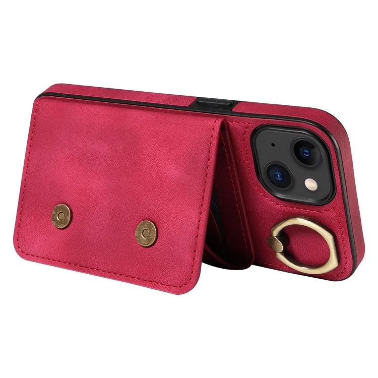 001 For iPhone 15 Case with Card Holder Ring PU Leather Coated TPU Phone Cover Skin-Touch