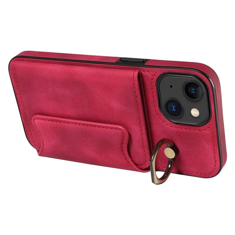 001 For iPhone 15 Case with Card Holder Ring PU Leather Coated TPU Phone Cover Skin-Touch