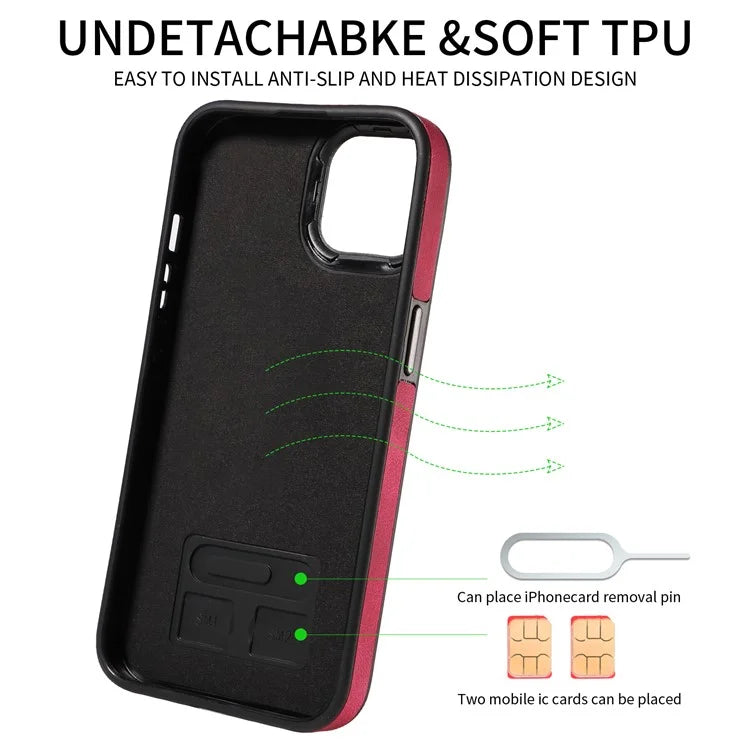 001 For iPhone 15 Case with Card Holder Ring PU Leather Coated TPU Phone Cover Skin-Touch