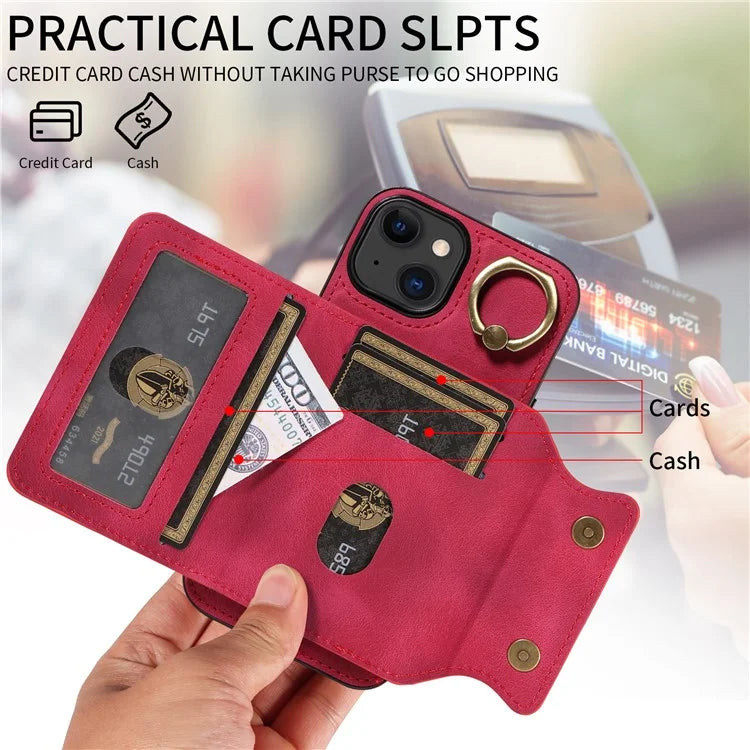 001 For iPhone 15 Case with Card Holder Ring PU Leather Coated TPU Phone Cover Skin-Touch