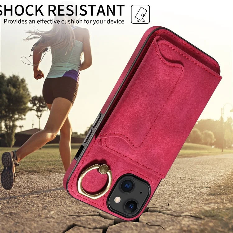 001 For iPhone 15 Case with Card Holder Ring PU Leather Coated TPU Phone Cover Skin-Touch