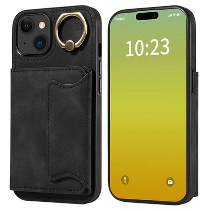 001 For iPhone 15 Case with Card Holder Ring PU Leather Coated TPU Phone Cover Skin-Touch