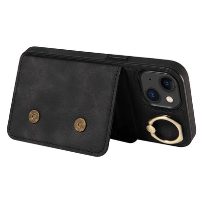 001 For iPhone 15 Case with Card Holder Ring PU Leather Coated TPU Phone Cover Skin-Touch
