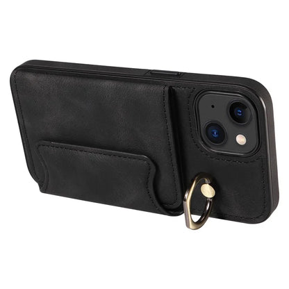 001 For iPhone 15 Case with Card Holder Ring PU Leather Coated TPU Phone Cover Skin-Touch