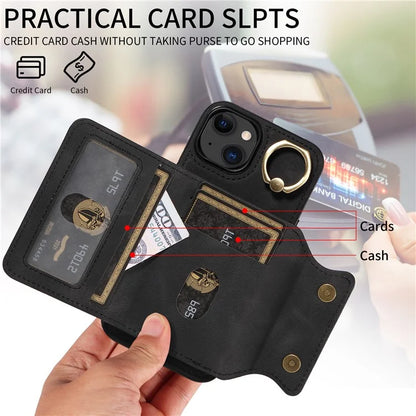 001 For iPhone 15 Case with Card Holder Ring PU Leather Coated TPU Phone Cover Skin-Touch