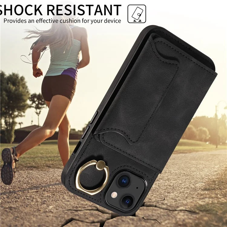 001 For iPhone 15 Case with Card Holder Ring PU Leather Coated TPU Phone Cover Skin-Touch