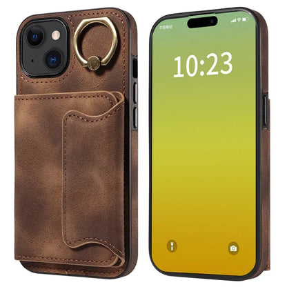 001 For iPhone 15 Case with Card Holder Ring PU Leather Coated TPU Phone Cover Skin-Touch