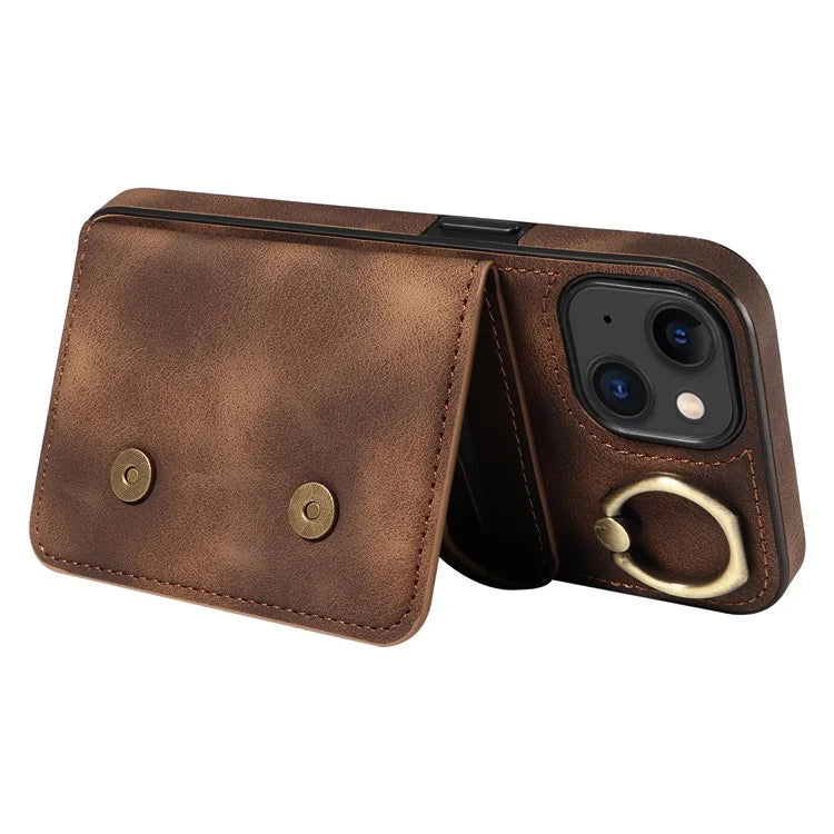 001 For iPhone 15 Case with Card Holder Ring PU Leather Coated TPU Phone Cover Skin-Touch