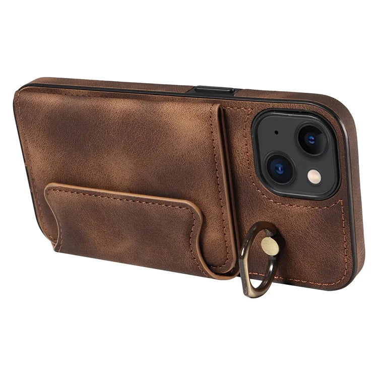 001 For iPhone 15 Case with Card Holder Ring PU Leather Coated TPU Phone Cover Skin-Touch