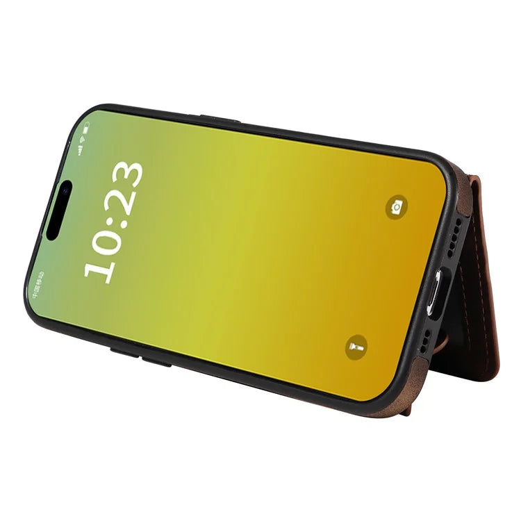 001 For iPhone 15 Case with Card Holder Ring PU Leather Coated TPU Phone Cover Skin-Touch