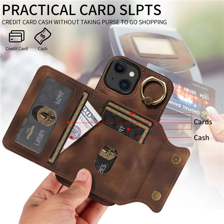 001 For iPhone 15 Case with Card Holder Ring PU Leather Coated TPU Phone Cover Skin-Touch