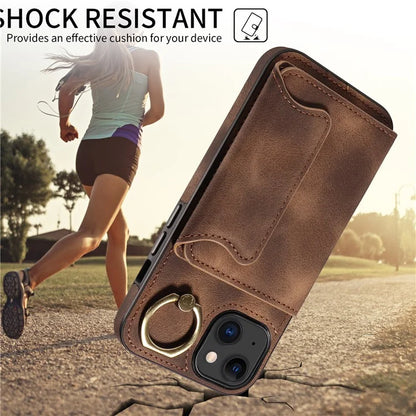 001 For iPhone 15 Case with Card Holder Ring PU Leather Coated TPU Phone Cover Skin-Touch