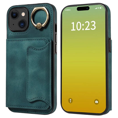 001 For iPhone 15 Case with Card Holder Ring PU Leather Coated TPU Phone Cover Skin-Touch